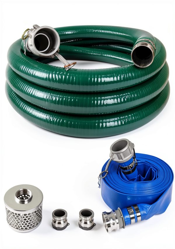 2 Inch Suction Hose kit for Trash Pump, Includes 2" x 65' Blue PVC Backwash Discharge Hose & 2" x 20' Green PVC Suction Hose & Aluminum Round Hole Suction Strainer & Cam and Groove Adapter-0